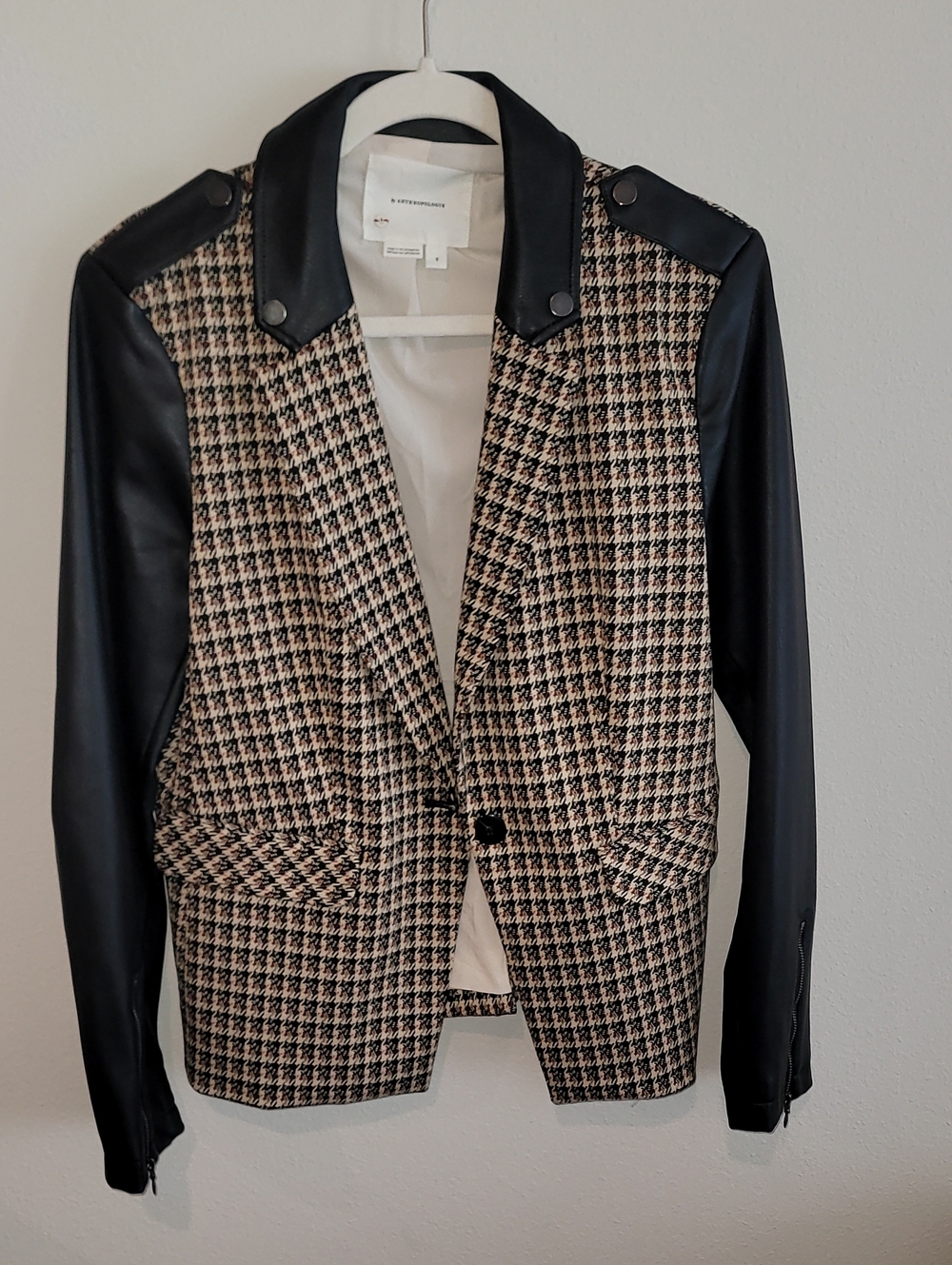 Anthropologie Houndstooth Blazer with Black Faux-Leather Sleeves